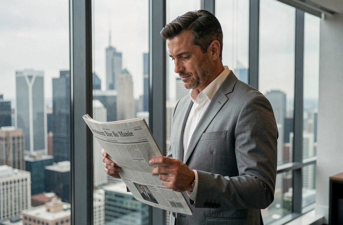 Homme d'affaires lisant la presse économique devant une grande fenêtre avec vue sur la ville