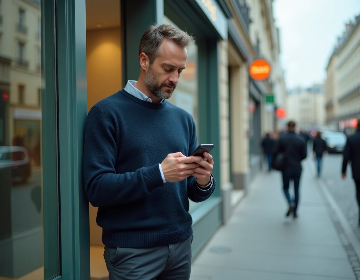Homme devant une agence bancaire en ville consultant son téléphone pour comparer les banques éthiques en France
