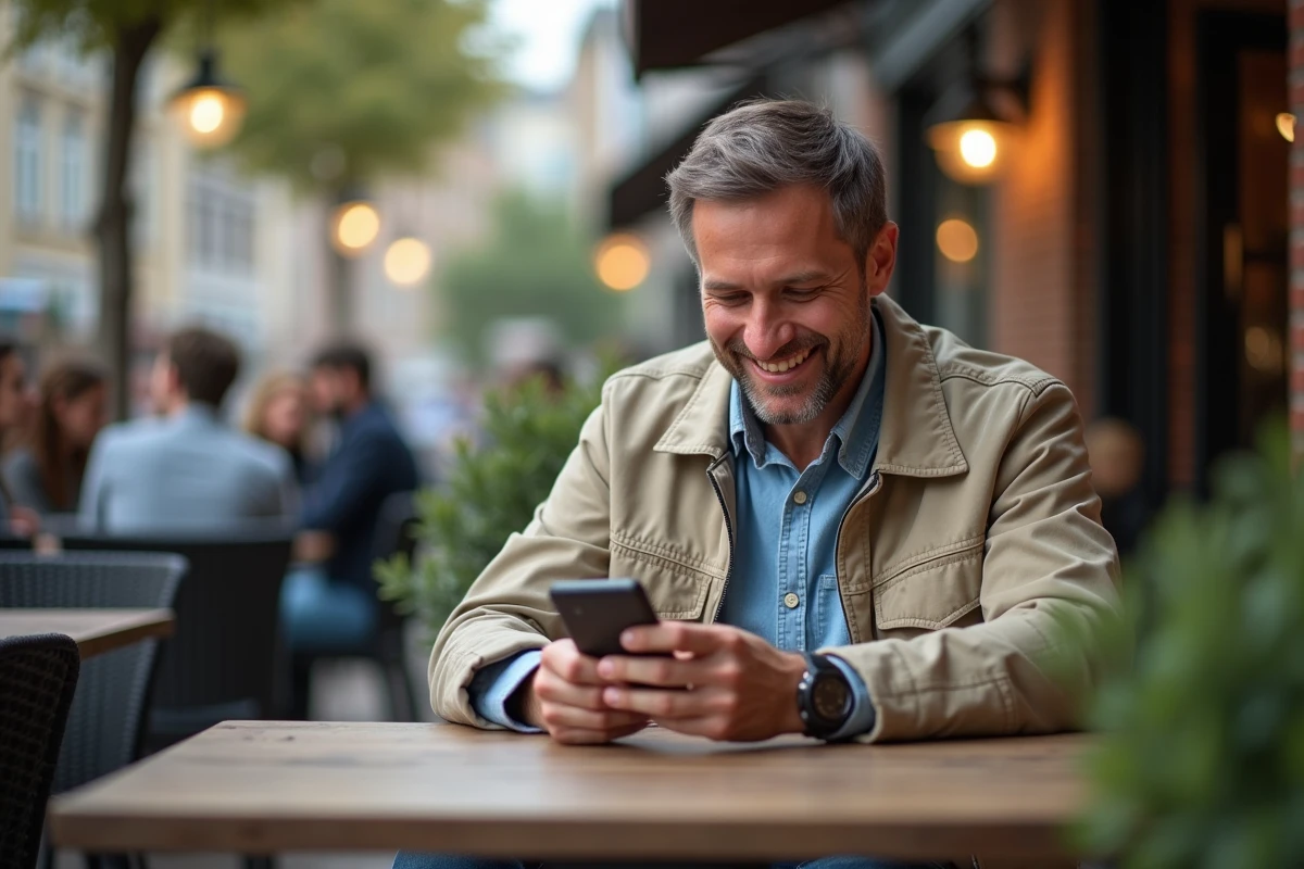 Homme souriant regarde vidéo sur smartphone au café