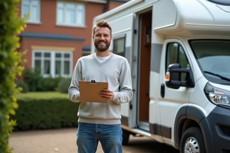Homme souriant vérifiant une liste près d'un van aménagé