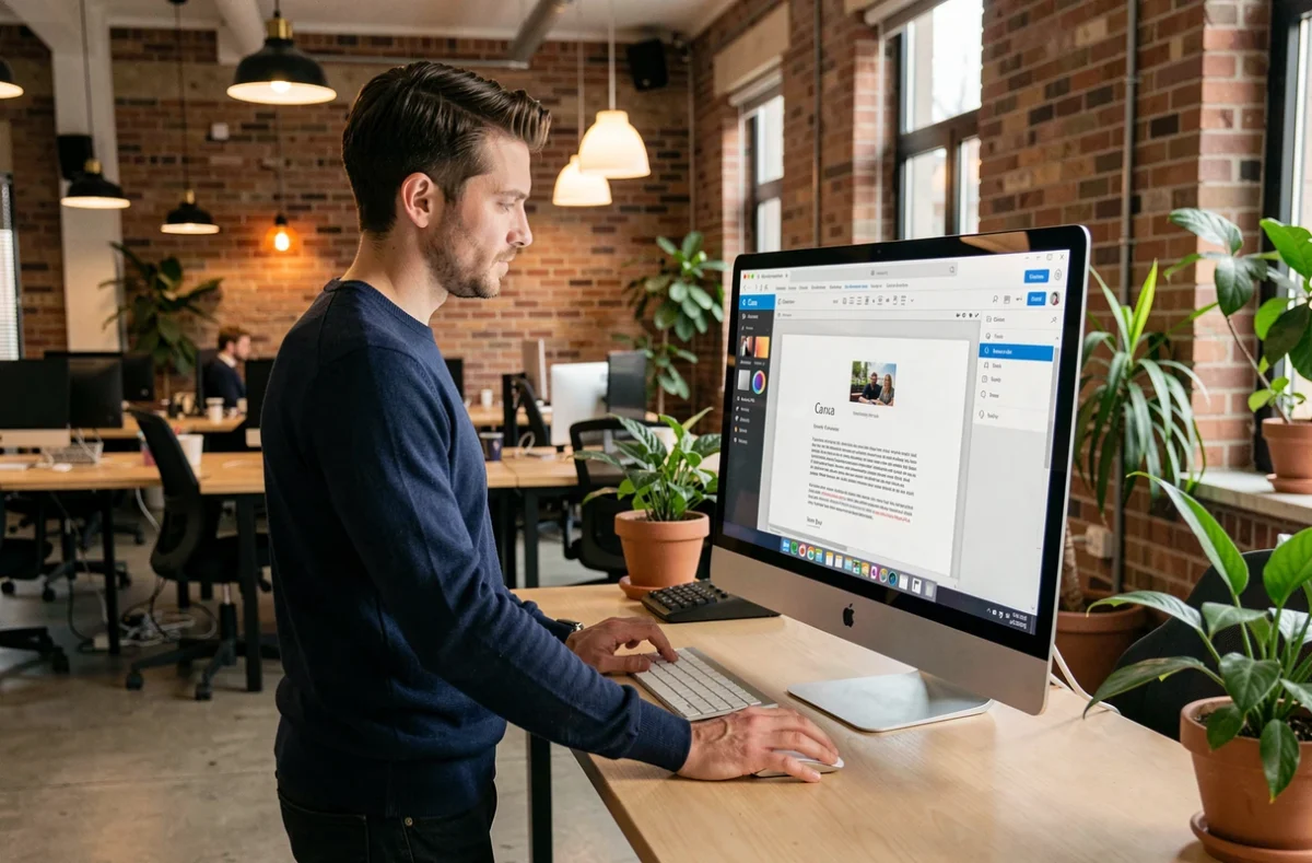 Homme en pull marine utilisant Canva sur grand écran dans un espace de coworking pour concevoir une lettre de motivation