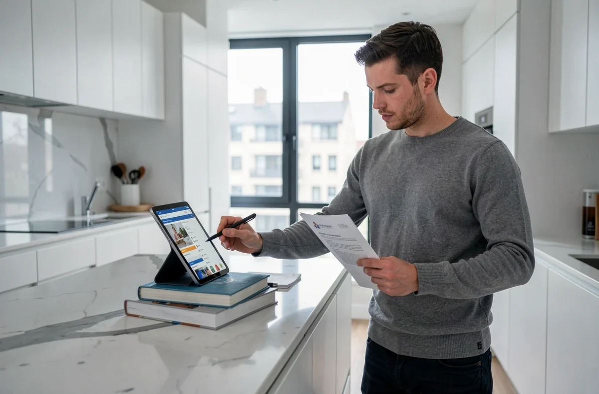 Homme consultant des offres d'emploi sur une tablette dans une cuisine moderne tout en tenant son CV imprimé