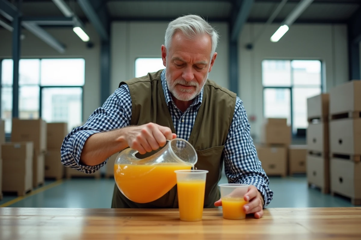 Homme versant du jus dans des gobelets dans une usine de production