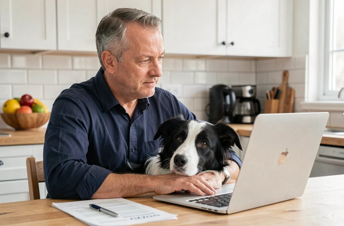 Homme consultant une assurance animaux en ligne sur son ordinateur portable avec son border collie à ses côtés, illustrant la souscription d'une assurance pour chien et la maîtrise des frais vétérinaires