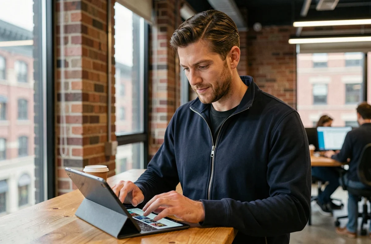 Homme consultant le plan du site d'une boutique en ligne de jeux vidéo sur une tablette dans un espace de coworking moderne