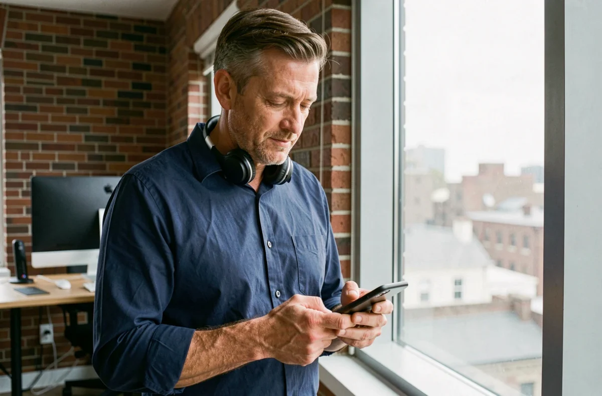 Homme en télétravail tapant sur son téléphone avec un casque sans fil dans un appartement urbain moderne