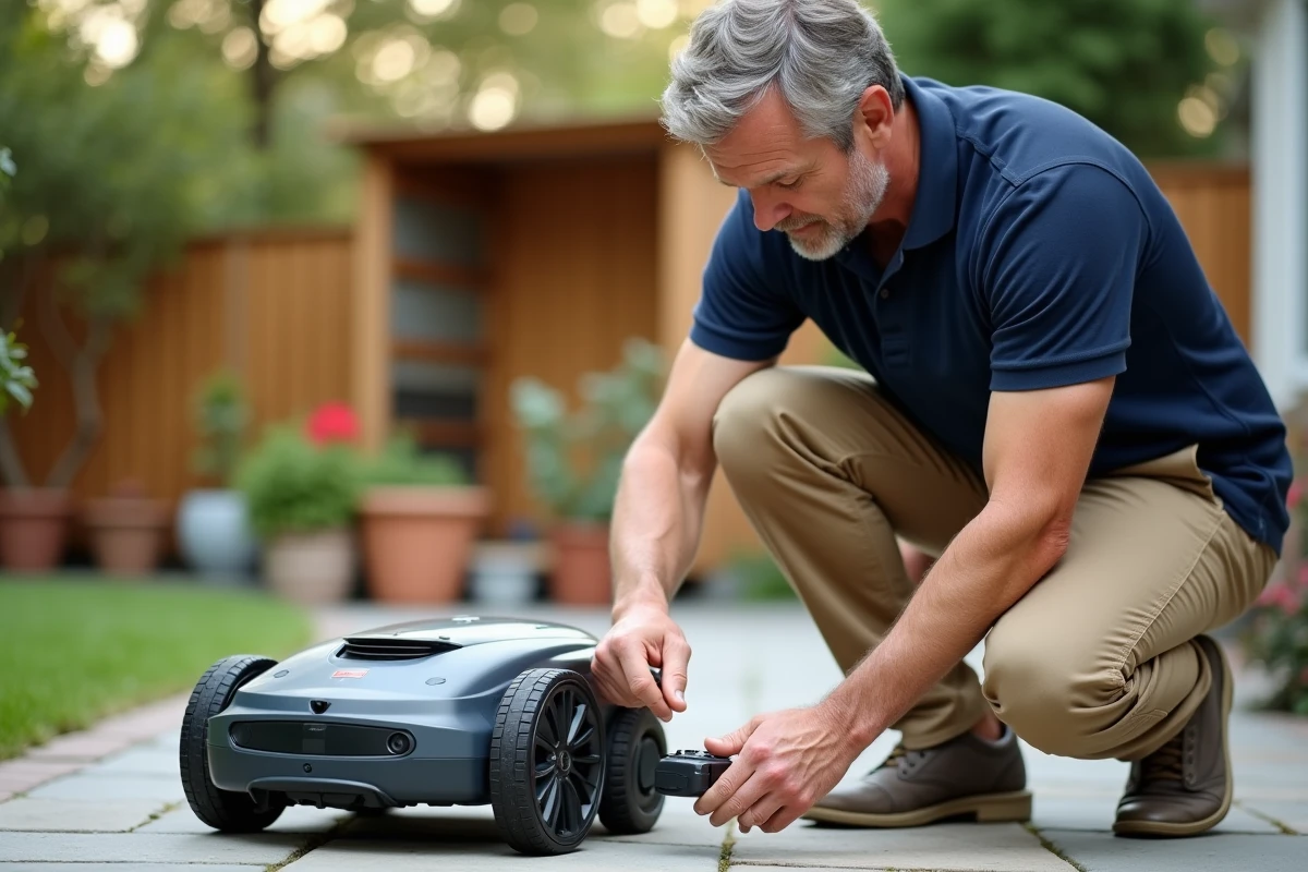 Propriétaire installant un traceur GPS antivol sous son robot tondeuse dans le jardin