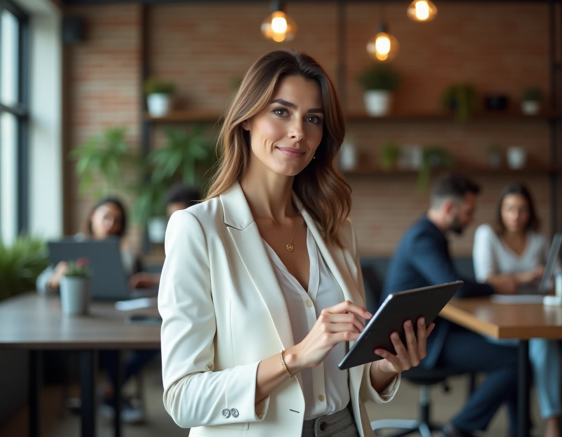 Investisseuse consultant une application de trading d'actions en bourse sur tablette dans un espace de coworking