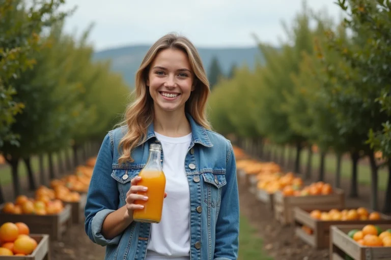 Jeune femme souriante avec un verre de jus de fruit dans un verger