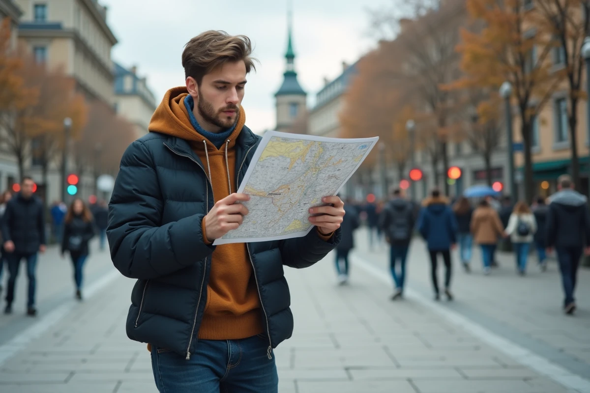 Jeune homme vérifiant une carte sur sa tablette en ville
