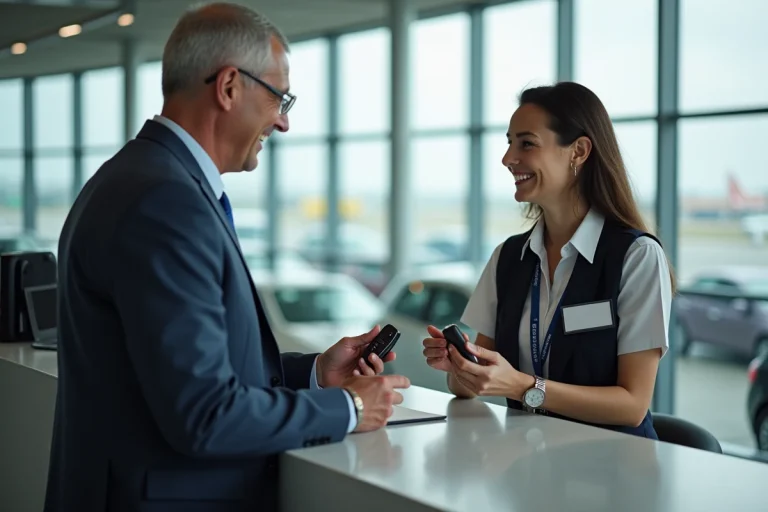 Homme d'affaires consultat un agent de location de voitures à l'aéroport