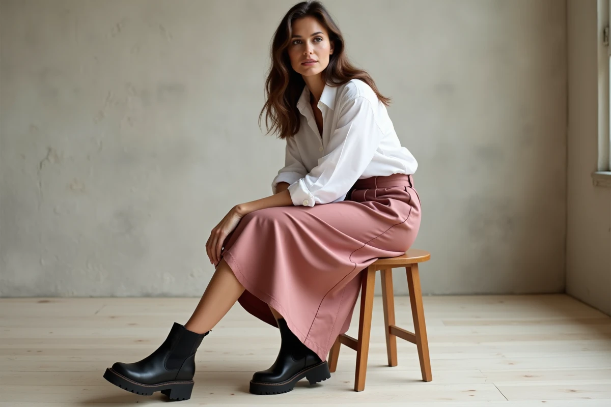Modèle en jupe midi satinée et chemise blanche dans un intérieur minimaliste illustrant la mode sans genre