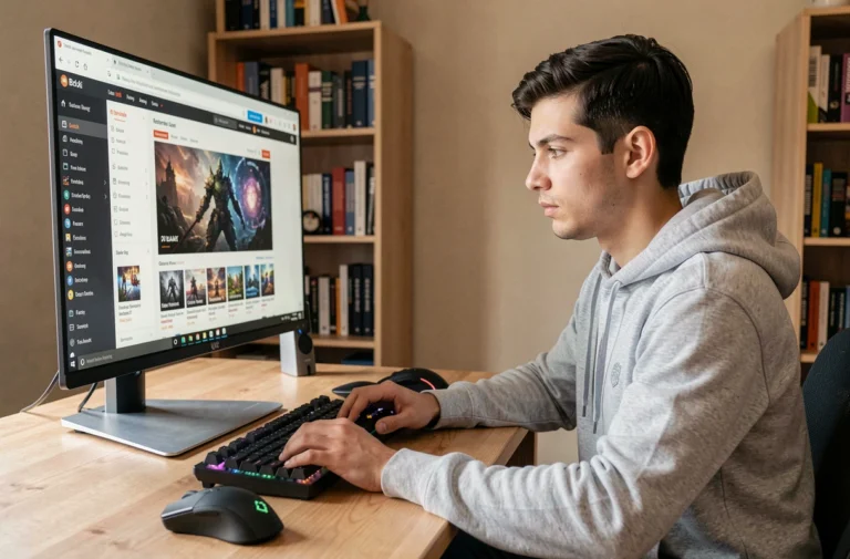 Jeune homme naviguant sur une boutique en ligne de jeux vidéo depuis son bureau à domicile grâce au plan du site
