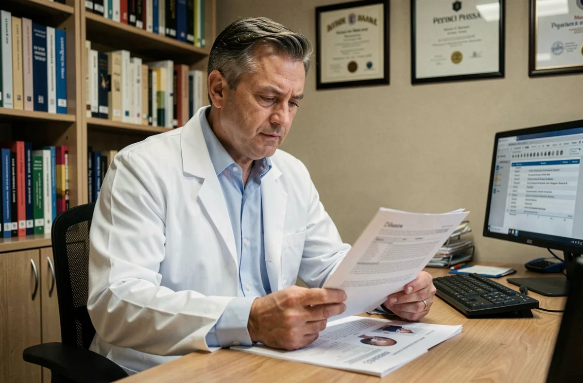 Neurologue consultant un dossier médical pour prescrire le Sativex en France dans son cabinet
