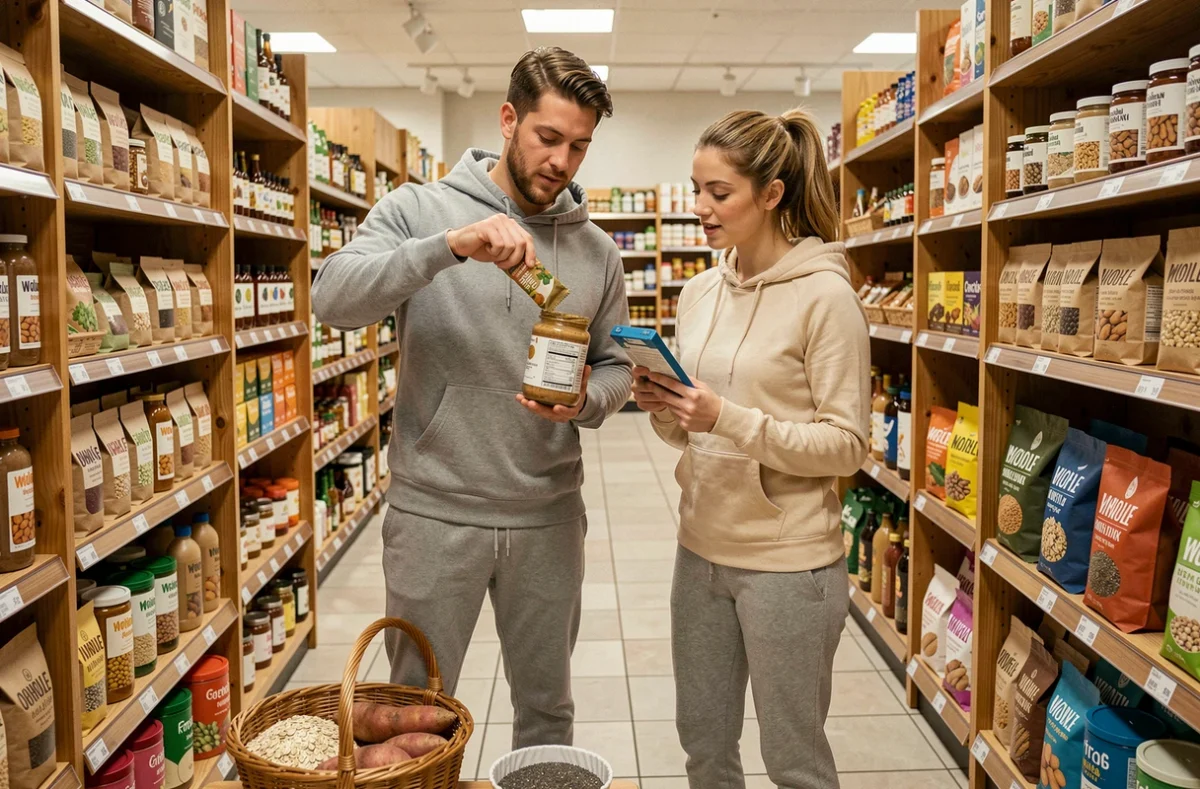 Deux sportifs comparant des étiquettes nutritionnelles dans un magasin bio pour choisir les meilleurs aliments pour leurs performances