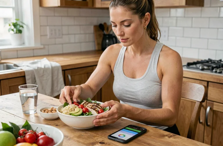 Femme sportive préparant un repas équilibré riche en protéines et légumes frais pour optimiser ses performances sportives