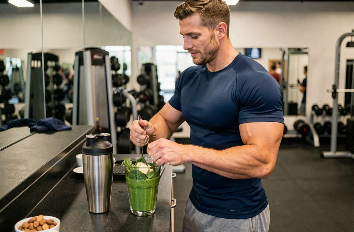 Athlète masculin préparant un smoothie protéiné dans un gym pour récupérer après l'entraînement
