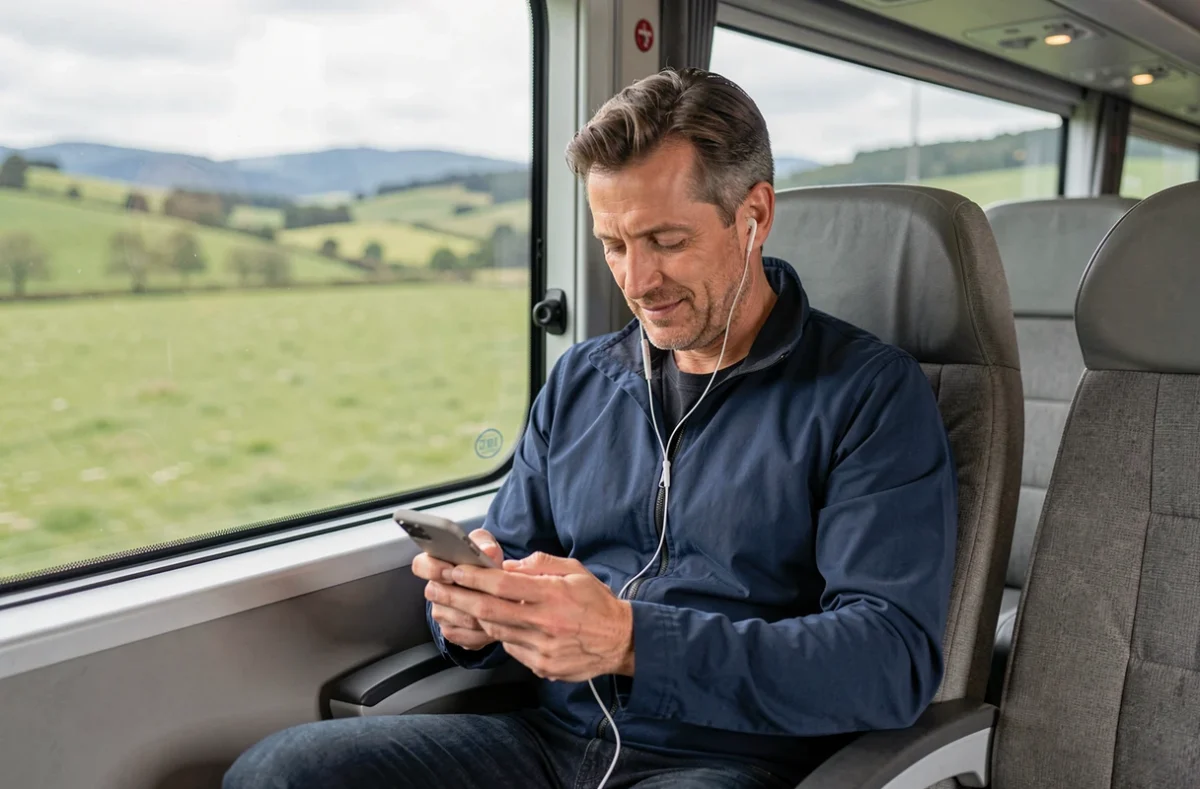 Passager détendu dans un car longue distance traversant la campagne européenne