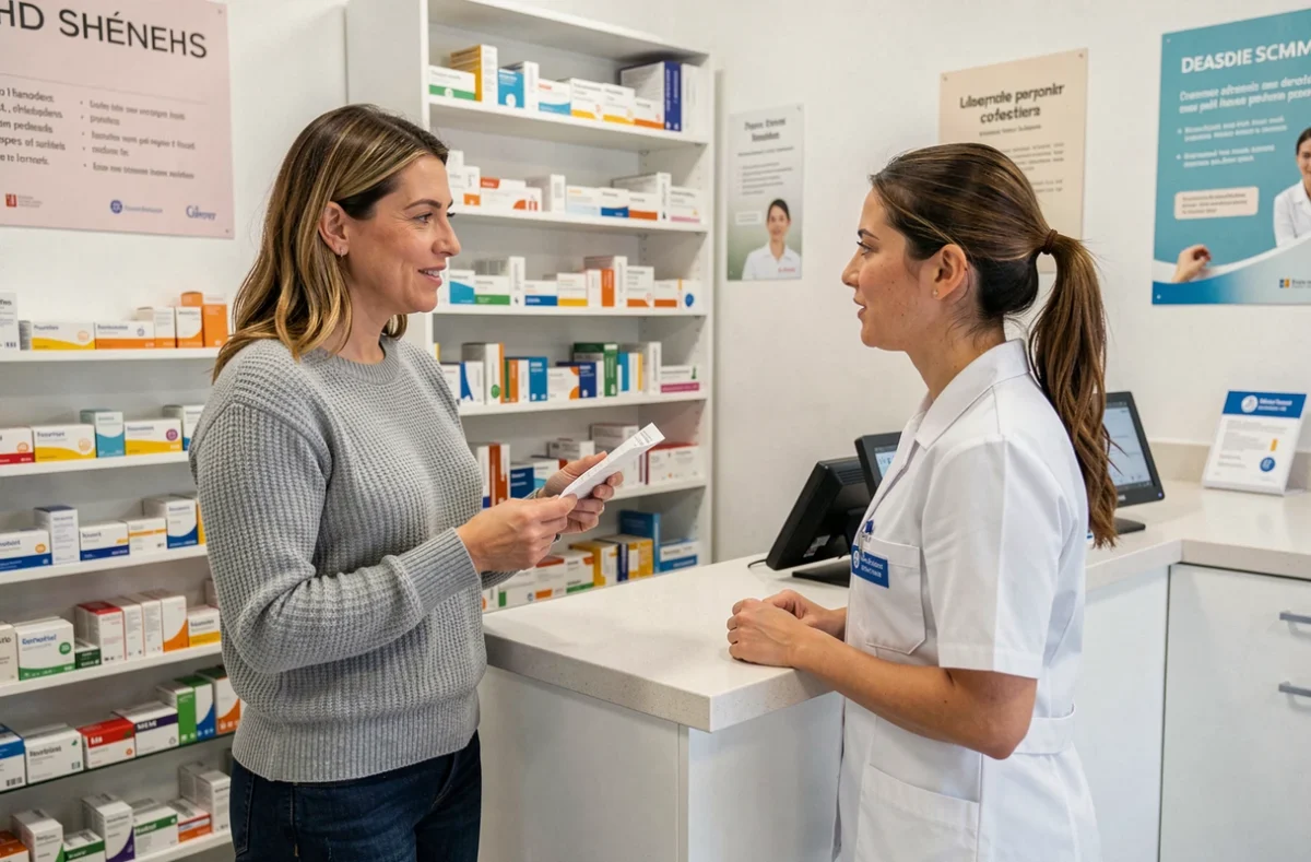 Patiente récupérant une ordonnance de Sativex dans une pharmacie française