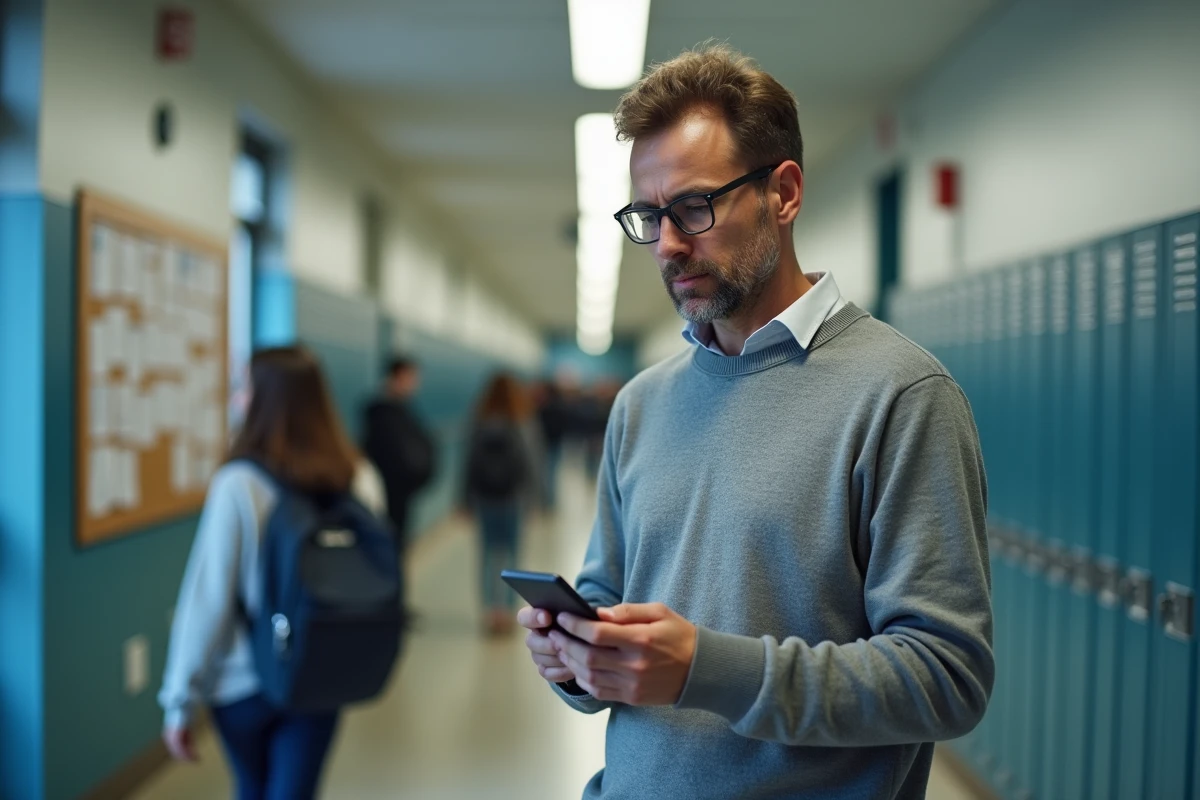 Professeur vérifiant l'intranet de l'académie d'Amiens sur son smartphone dans un couloir d'école