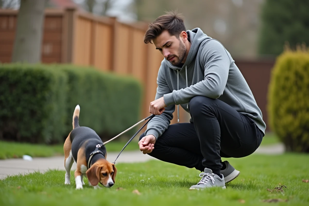 Propriétaire de chien inquiet observant les selles de son beagle dans un jardin résidentiel