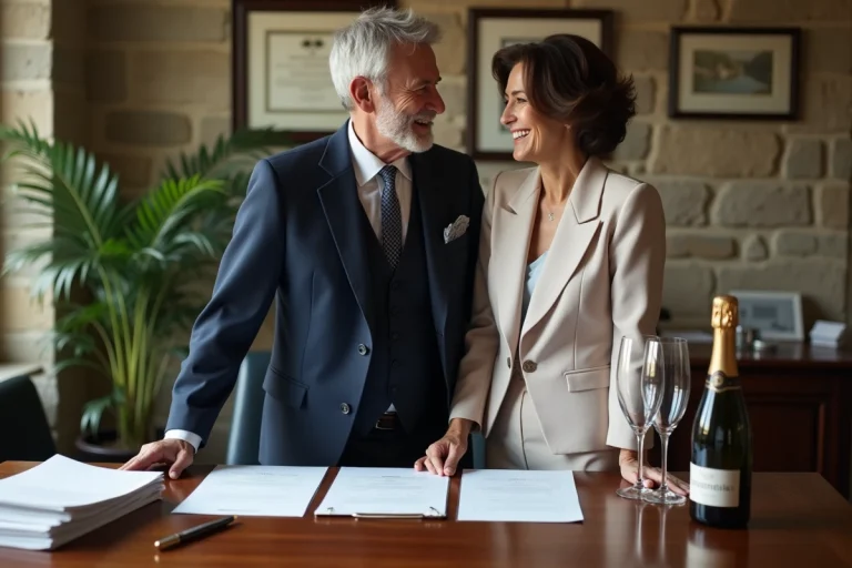 Adultes souriants lors d'une réunion notariale avec documents