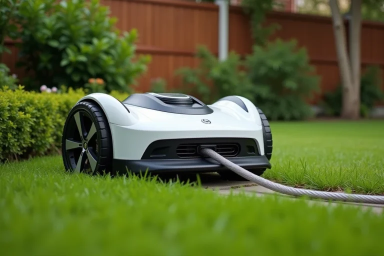 Robot tondeuse sécurisé par un câble antivol dans sa station de charge sur une pelouse verte