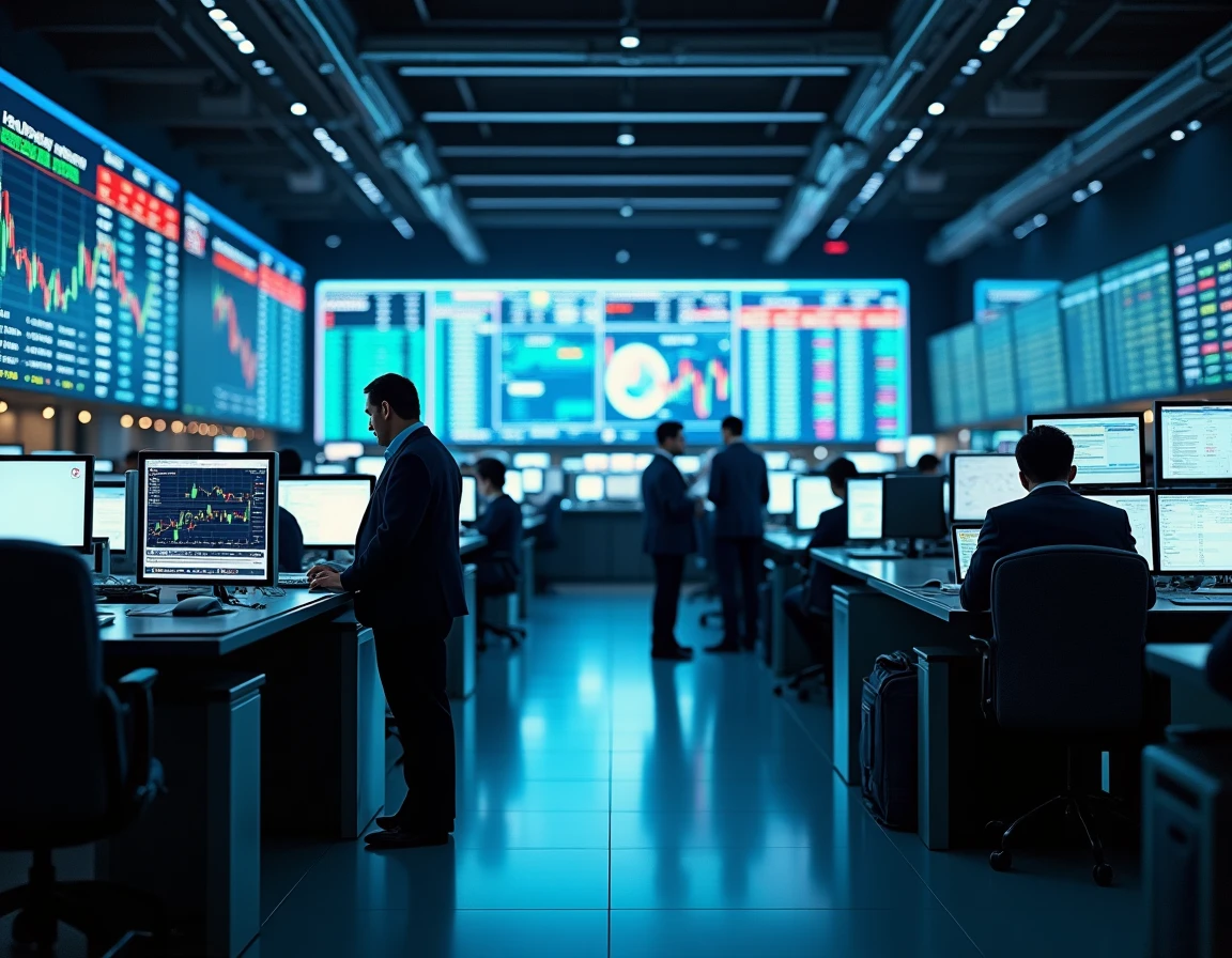 Salle de trading boursier avec écrans de cours d'actions et traders professionnels analysant les marchés financiers