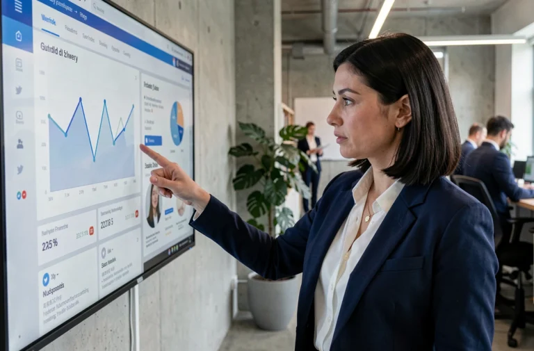 Responsable de communication en agence analysant une stratégie digitale sur un grand écran de données