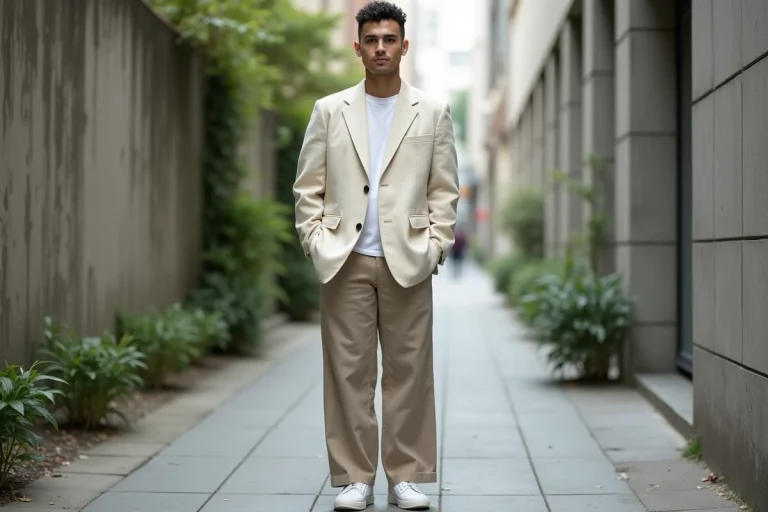 Personne portant un blazer oversize et un pantalon à jambe large dans un style gender fluid sur fond urbain