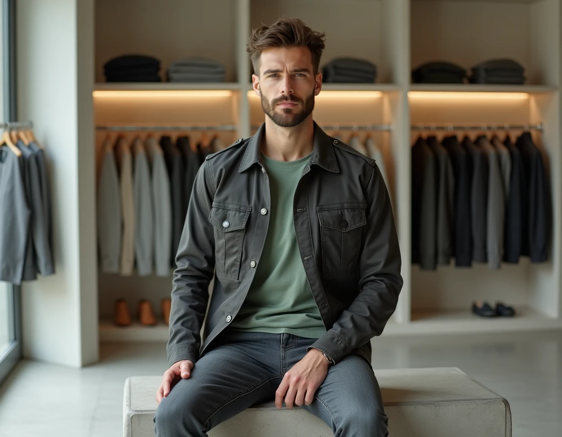 Homme trendy en veste utilitaire grise et jean brut assis dans un concept store minimaliste moderne, tendances mode masculine contemporaine