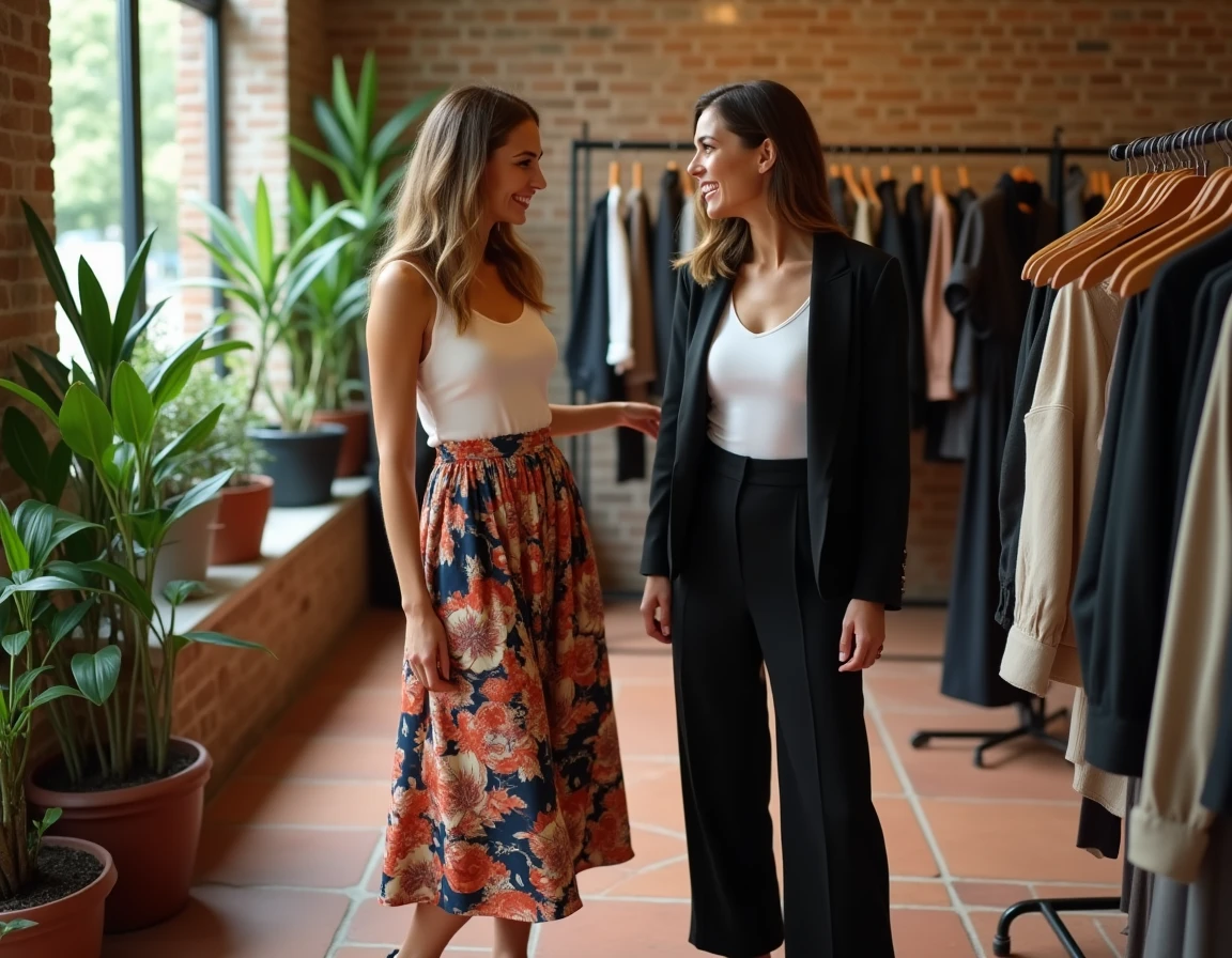 Deux femmes aux styles tendance contrastés en train de faire du shopping dans une boutique de mode lumineuse avec murs en briques et sol en carrelage terracotta