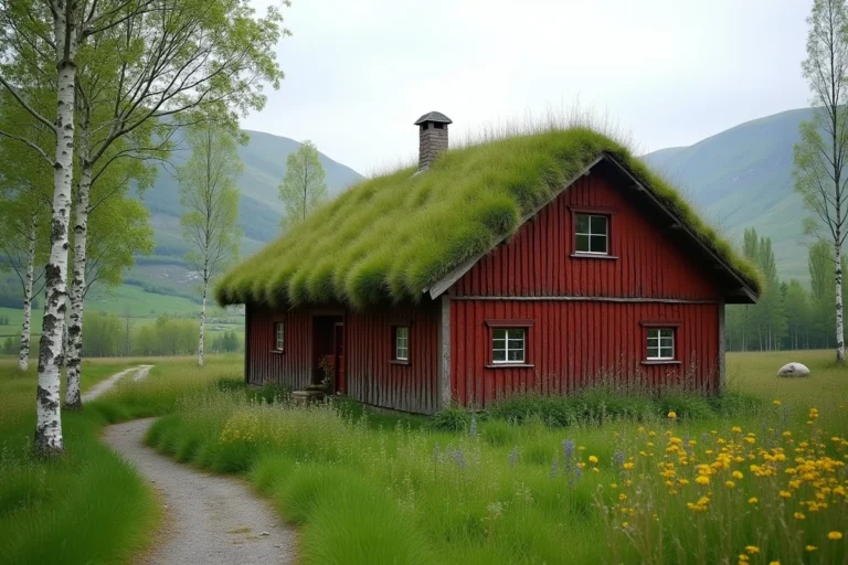 Maison traditionnelle norvégienne avec toit en herbe recouvert de mousse et de fleurs sauvages dans une vallée verdoyante