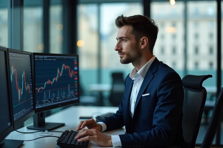 Jeune trader français en costume dans un bureau moderne