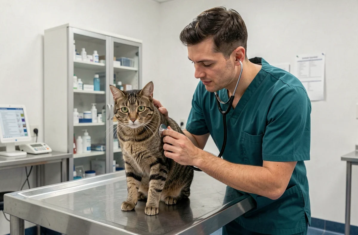 Vétérinaire examinant un chat tigré sur une table d'examen en clinique vétérinaire, représentant les soins médicaux pour animaux et les frais vétérinaires couverts par une assurance