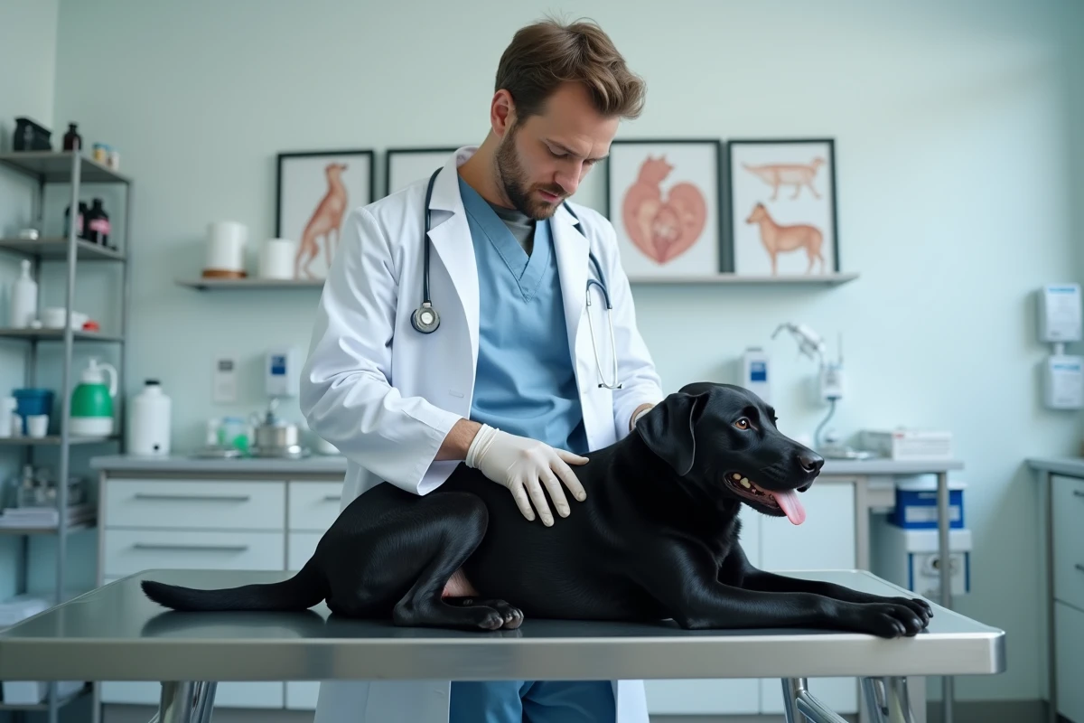 Vétérinaire examinant un labrador noir sur une table de consultation clinique