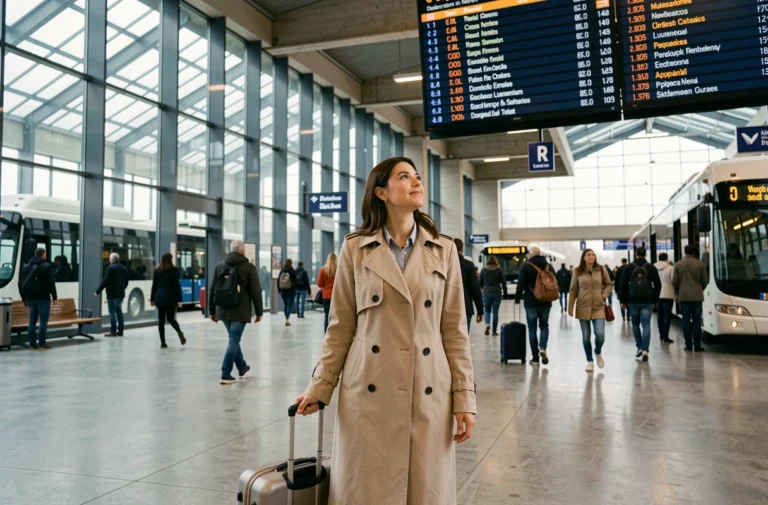 Voyageuse avec valise regardant le tableau des départs dans une gare routière moderne en France