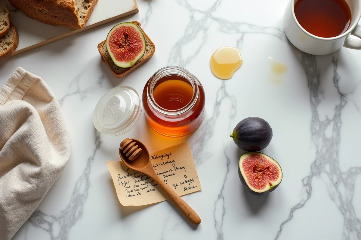 Vue de dessus d'un arrangement de miel brut, pain complet et figues fraîches sur marbre blanc pour illustrer un régime sans sucre ajouté